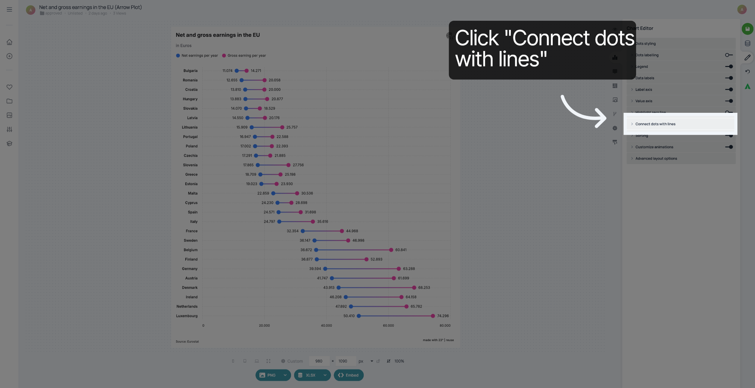 Click 'Connect dots with lines'